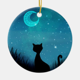 svart katt Stjärnig natthimmel halvmåne Julgransprydnad Keramik