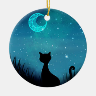 svart katt Stjärnig natthimmel halvmåne Julgransprydnad Keramik