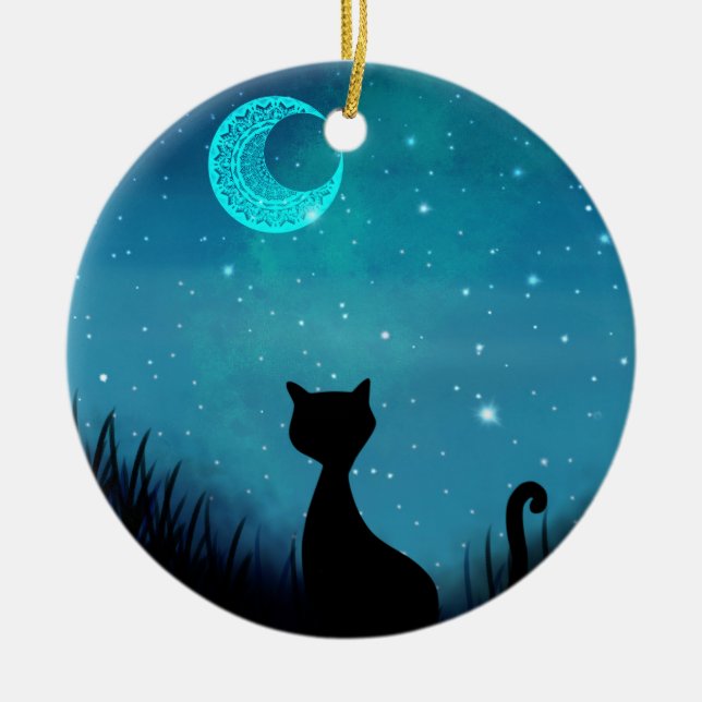 svart katt Stjärnig natthimmel halvmåne Julgransprydnad Keramik (Framsidan)