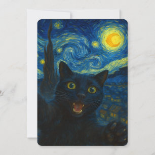 Svart Katt Stjärnklar Natt Van Gogh Katt Selfie Inbjudningar