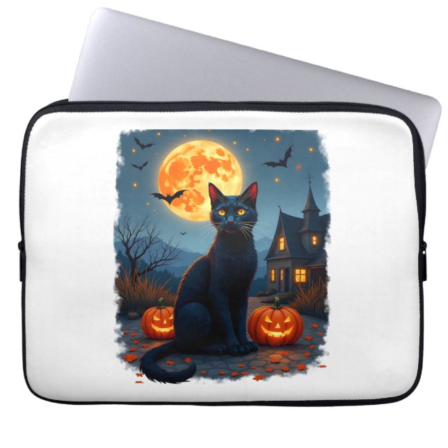 Svart Katt Stjärnklar Natt Van Gogh Pumpa Fladderm Laptop Fodral (Framsidan)