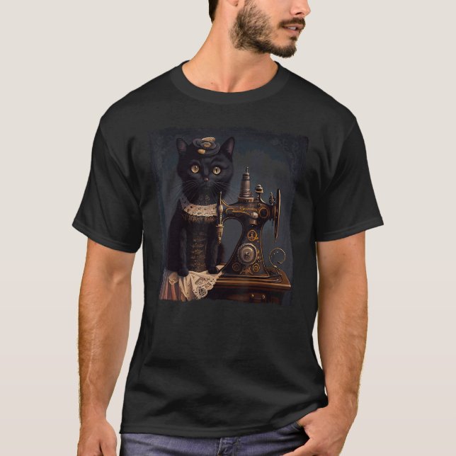 Svart Katt Sy Steampunk T Shirt (Framsida)