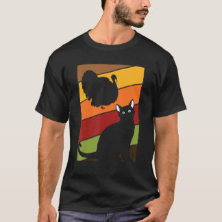 Svart Katt Tacksgiving Dag Retro Kalkon Höst T Shirt