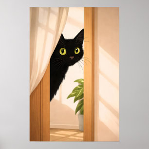 Svart Katt Tittar Poster, Minimalistisk Djur Poster