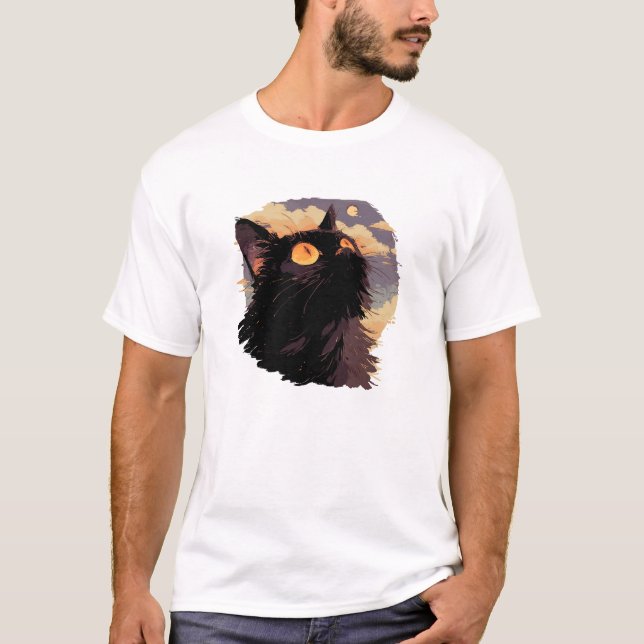 Svart katt tittar upp med mystisk natt t shirt (Framsida)