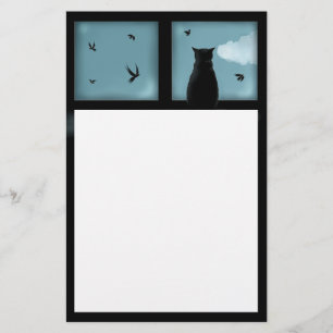 Svart katt Tittar ut fönster vid himlen Brevpapper