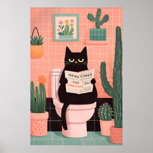 Svart Katt Toalett Affisch, Whimsical Badrumsvägg Poster