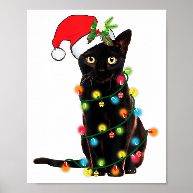 Svart katt tomte intrasslad i julgransbelysning  poster (Framsidan)