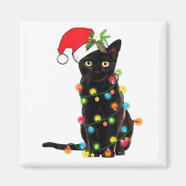 Svart katt tomte trasslad i julbelysning magnet (Framsidan)