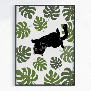 Svart Katt Tropiska Blad Växtälskare Poster