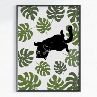 Svart Katt Tropiska Blad Växtälskare Poster