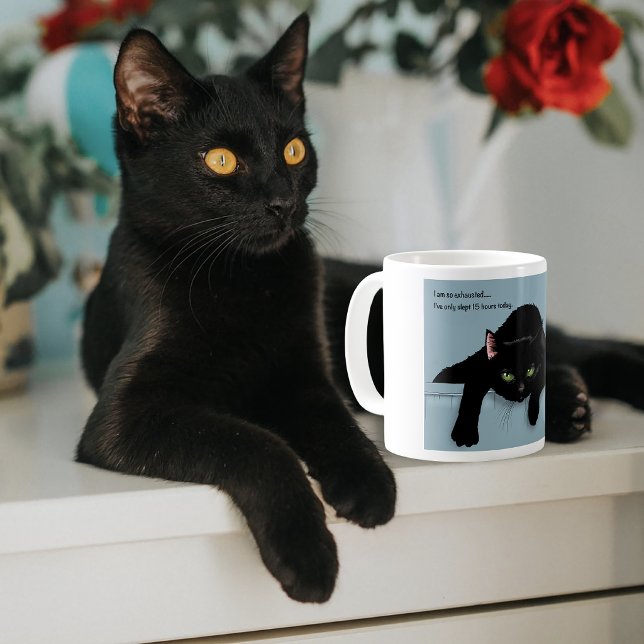 Svart Katt Trött Blå Sarksatisk Rolig Kaffemugg (Skapare uppladdad)