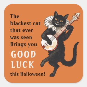 Svart katt trubadur Lycka till Halloween CC1163 Fyrkantigt Klistermärke