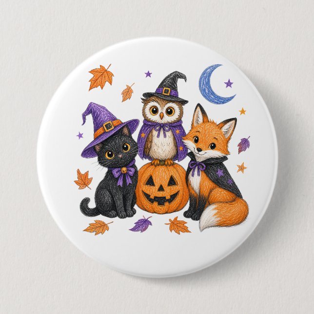 Svart Katt Ugglas Rävhalloweenkonst Knapp (Framsida)