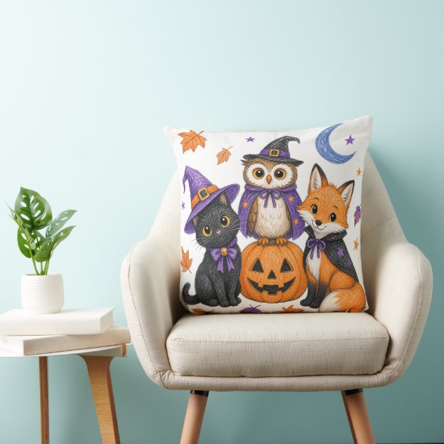 Svart Katt Uggle Räv Pumpa Konst Halloween Kudde (Stol)