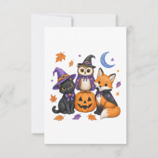 Svart Katt Uggle Räv Pumpa Konst Halloween OSA Kort