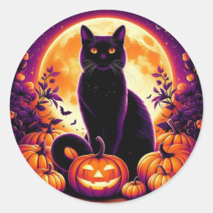 Svart katt under fullmåne Halloween 1,5" dekal Runt Klistermärke