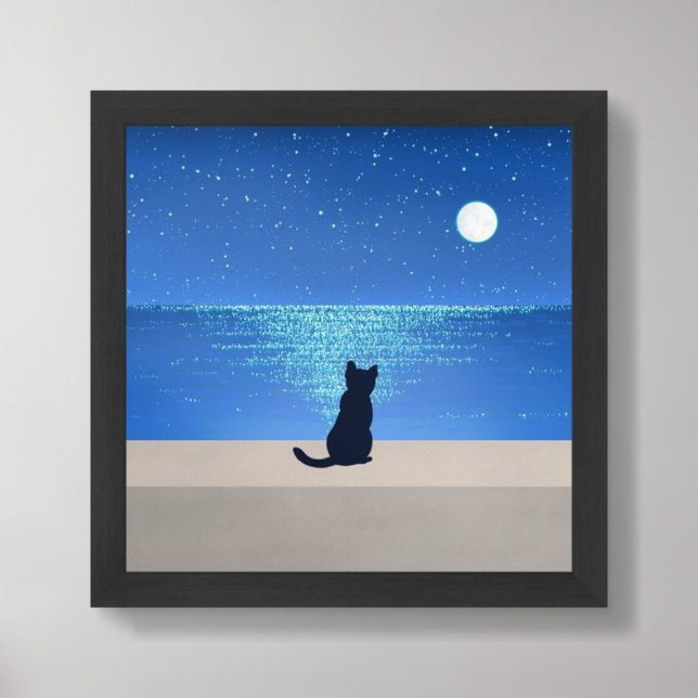 Svart katt under fullt stjärnnatt poster (Black cat under full moon starry night)