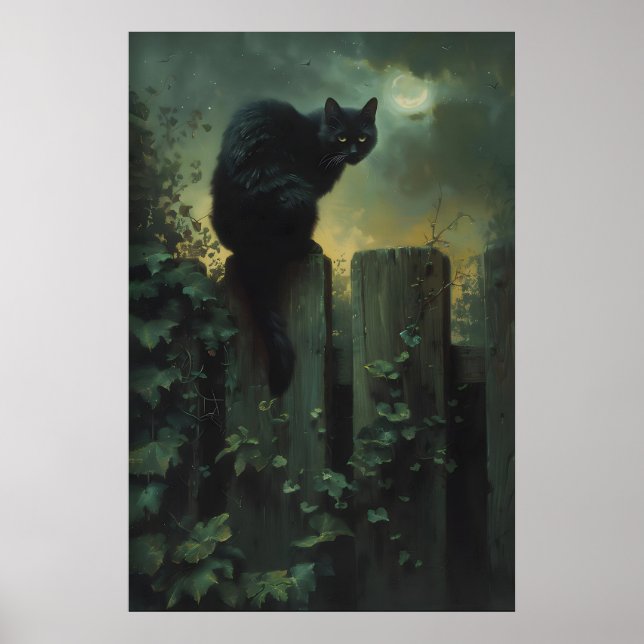 Svart Katt Väggkonst, Månbelyst Trädgård Gotisk Ka Poster (Framsidan)