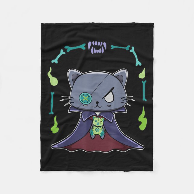 Svart katt vampyr Dracula och teddybjörn för Fleecefilt (Framsidan)