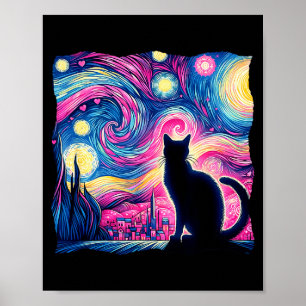 Svart Katt Van Gogh Stjärnklar Natt Konst Hjärtan Poster