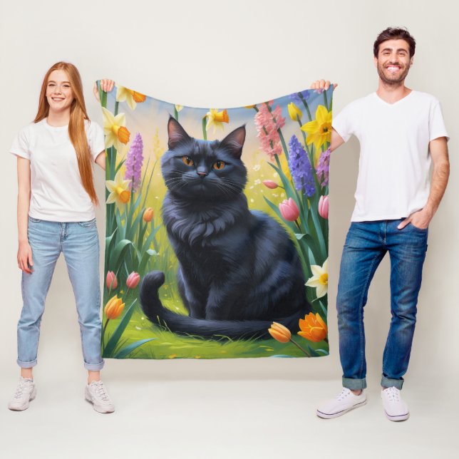 Svart katt vårblommor målning fleecefilt (På plats)