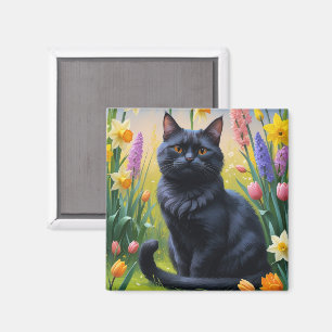 Svart katt vårblommor målning magnet