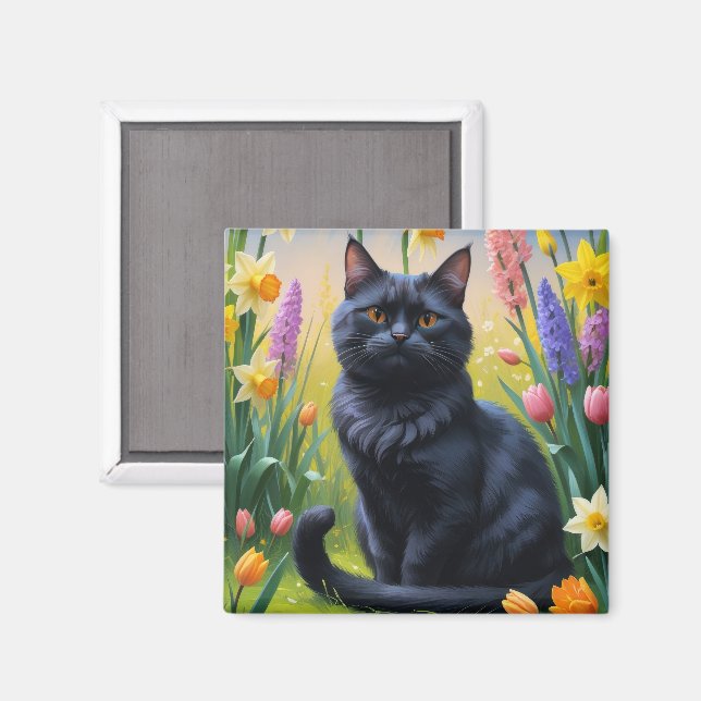 Svart katt vårblommor målning magnet (Front/Back)