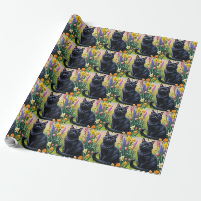 Svart katt vårblommor målning presentpapper (Utrullad)