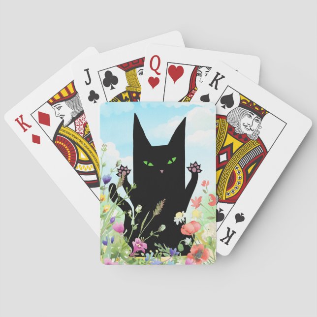 Svart katt vårfeber: Kitty och blommor Casinokort (Baksidan)