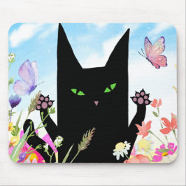 Svart katt vårfeber: Kitty och blommor Musmatta