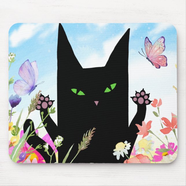 Svart katt vårfeber: Kitty och blommor Musmatta (Framsidan)