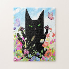 Svart katt vårfeber: Kitty och blommor Pussel