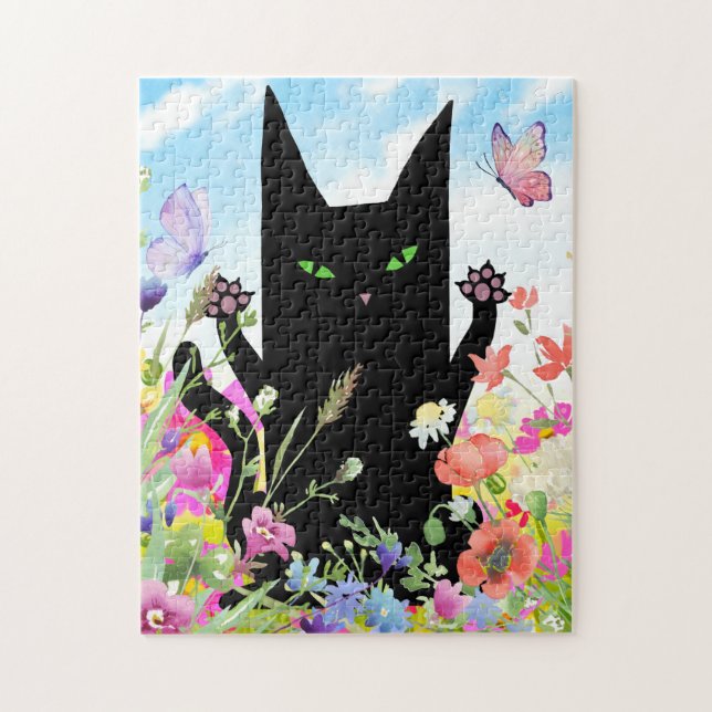 Svart katt vårfeber: Kitty och blommor Pussel (Vertikal)