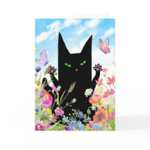 Svart katt vårhälsningskort: Kattunge och blommor