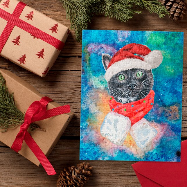 Svart Katt Vattenfärg Julskärp Jul Pussel (Skapare uppladdad)