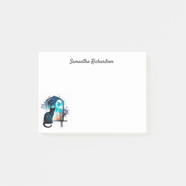 Svart Katt Vattenfärg Måne Silhuett Personlig Post-it Block (Framsida)