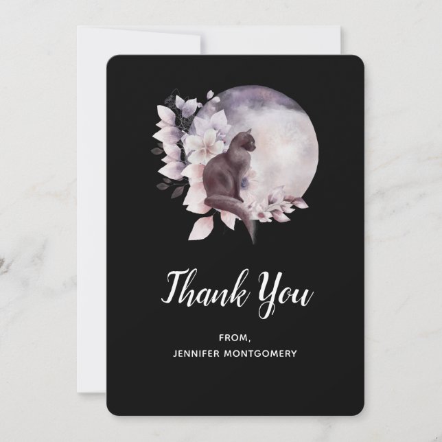 Svart katt vid en magisk fullmåne tack kort (Framsida)