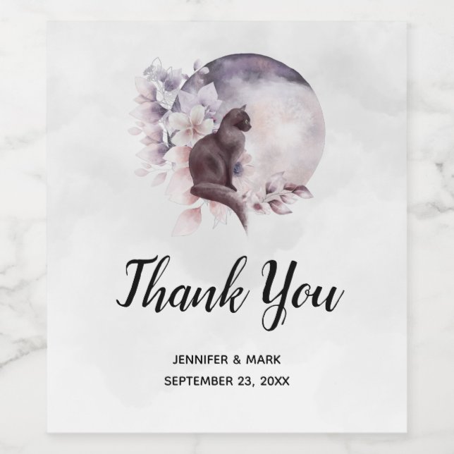 Svart katt vid en magisk fullmånebröllop vinflaska etikett (Singel etikett)