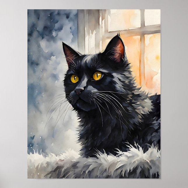 Svart katt vid fönster Konsttryck Mysig katt väggk Poster (Framsidan)