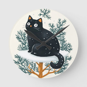 Svart katt vid Julgran Rund Klocka