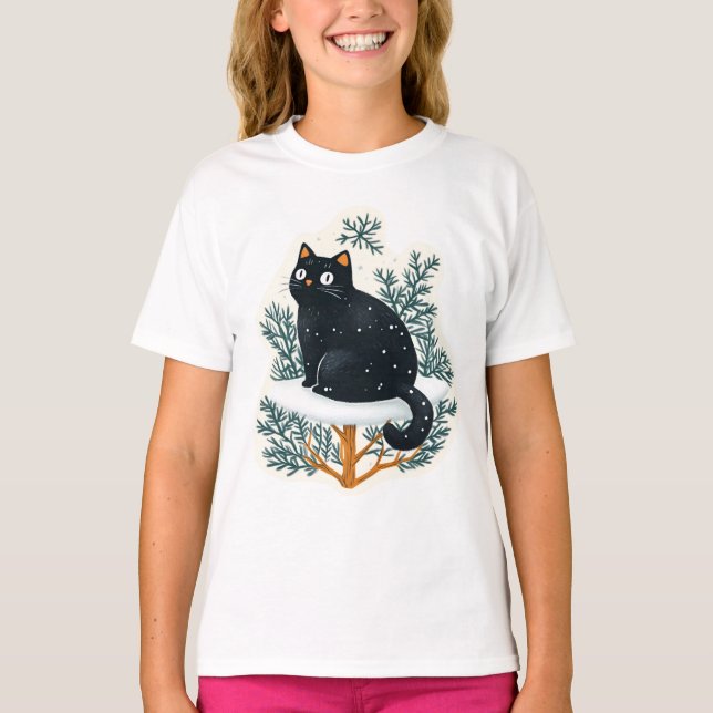 Svart katt vid Julgran T Shirt (Framsida)