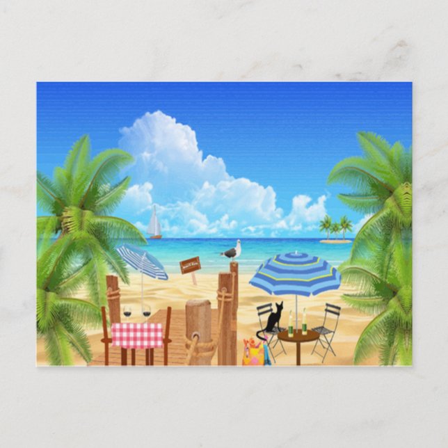 Svart katt vid stranden vykort (Framsida)