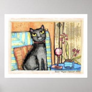 Svart katt, vin & blommakonsttryck poster