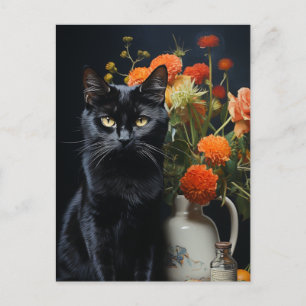Svart katt Vintage Flower still Life-målning Vykort