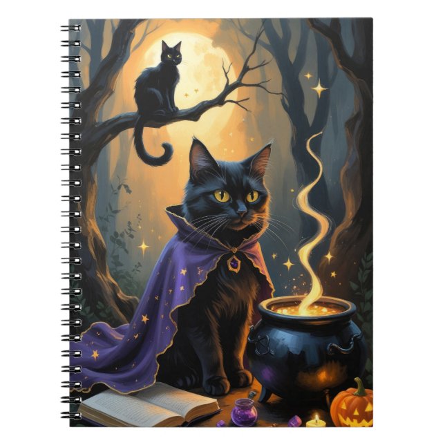 Svart katt Whimsical Halloween-målning Anteckningsbok (Framsidan)