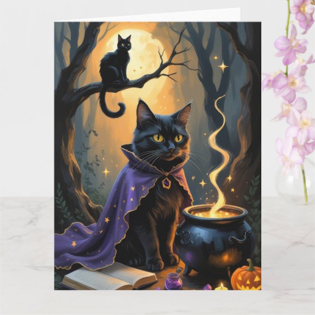 Svart Katt Whimsical Halloween-målning Kort (Orkide)