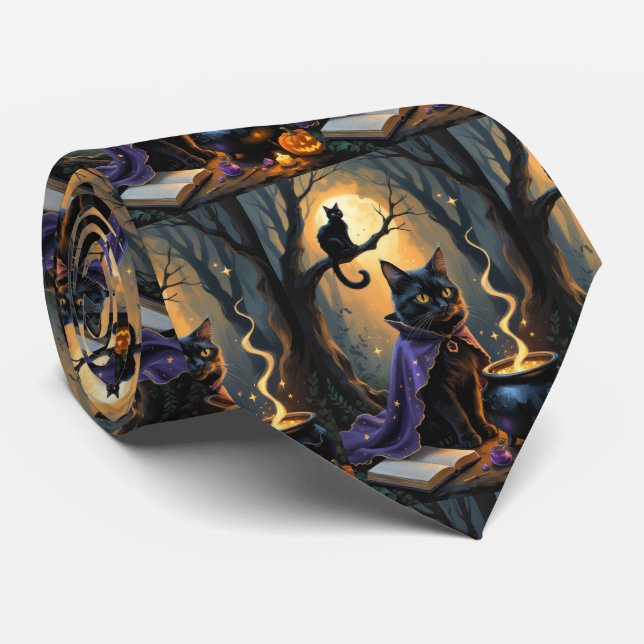 Svart Katt Whimsical Halloween-målning Slips (Rullad)