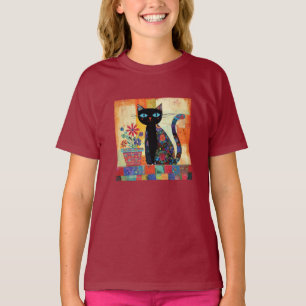 Svart Katt Whimsical Konst T Shirt
