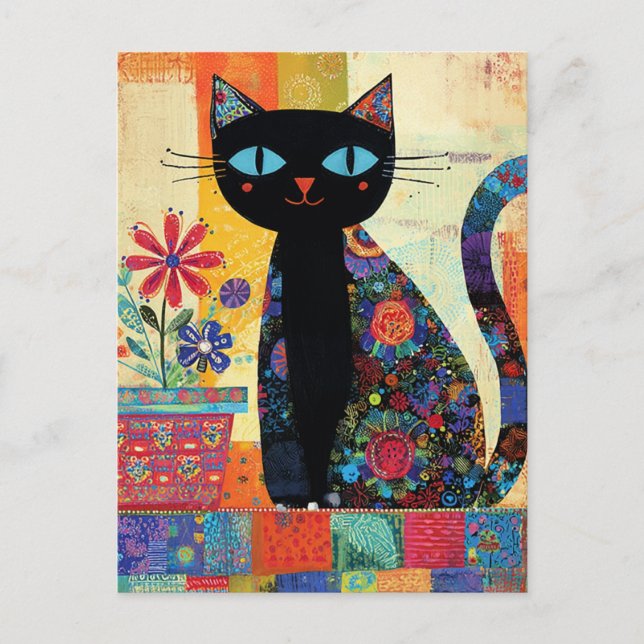 Svart Katt Whimsical Konst Vykort (Framsida)